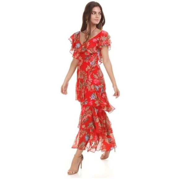 WAYF Chelsea Tiered Ruffle Maxi Dress Red Tropical Flutter Sleeves Floral NEW 1X - Picture 5 of 16